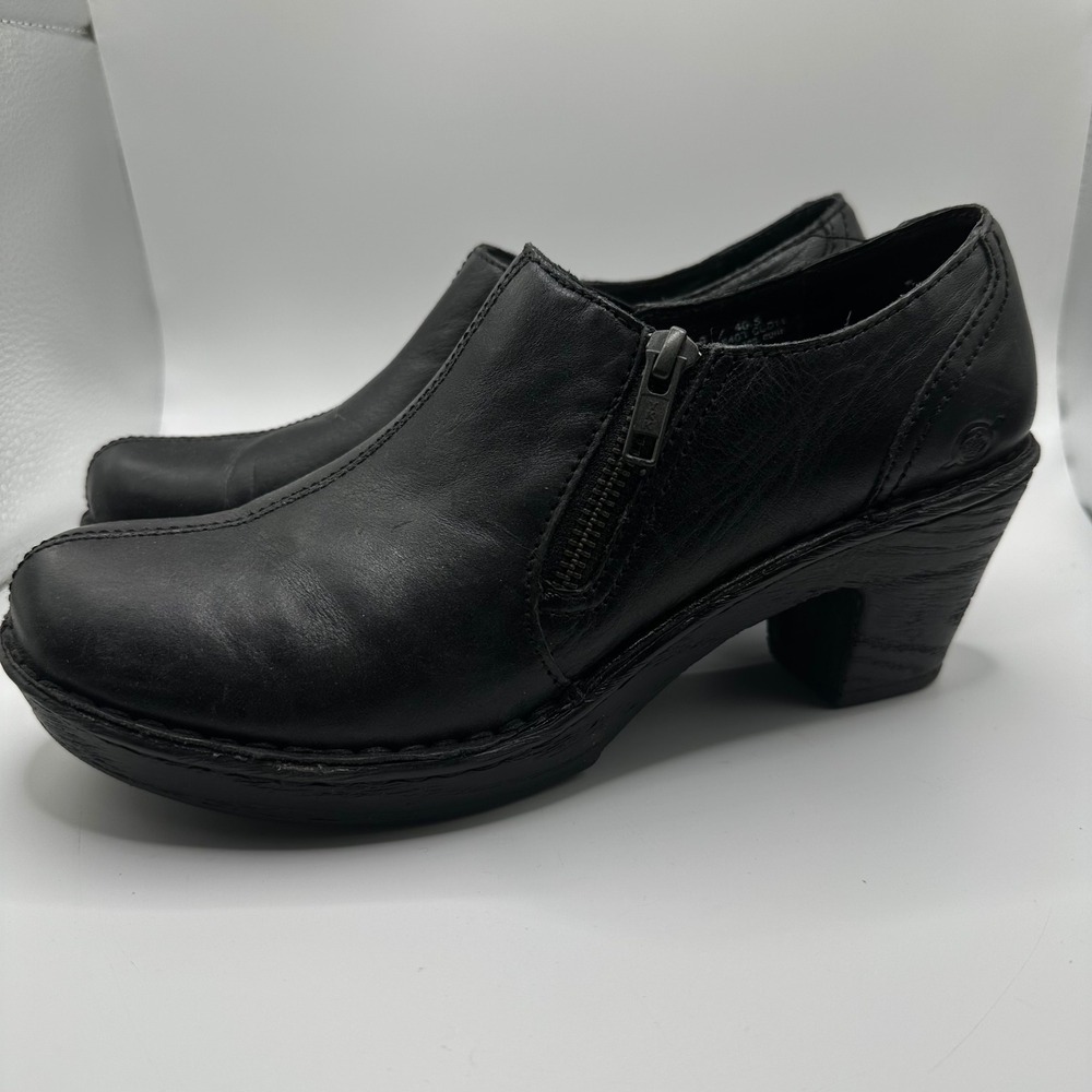 Born Black Leather Ankle Booties Side Zip Block Heel Clogs Womens 9 40.5